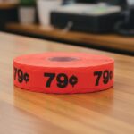 79 cents sticker on a red label with black print