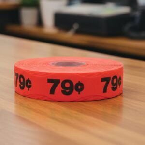 79 cents sticker on a red label with black print