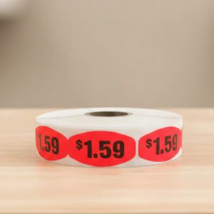 One dollar and 59 cents sticker on a red label with black print