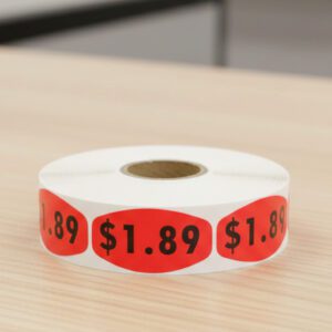 One dollar and 89 cents sticker on a red label with black print