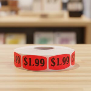 One dollar and 99 cents sticker on a red label with black print