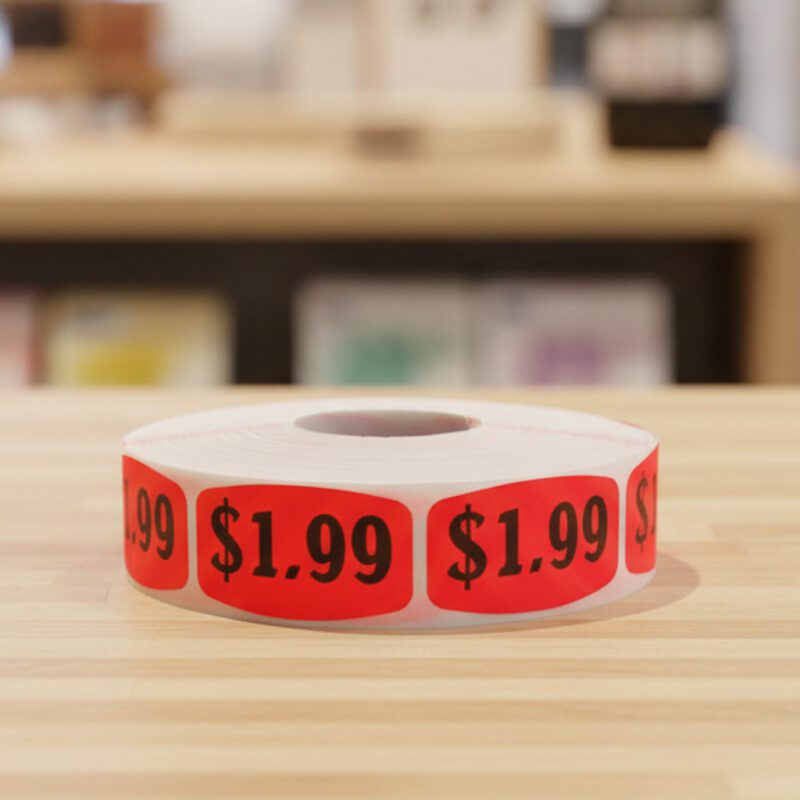 570016-$1 One dollar and 99 cents sticker on a red label with black print