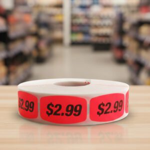 2 dollars and 99 cents sticker on a red label with black print