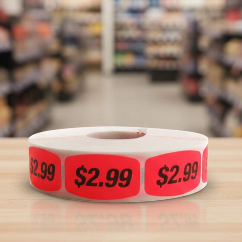 570026-$2 2 dollars and 99 cents sticker on a red label with black print