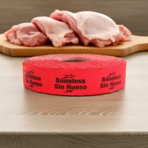 boneless sin hueso sticker on a red label with black print