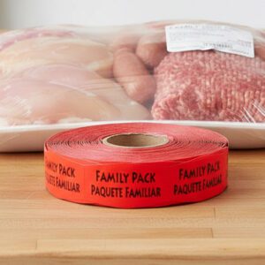 family pack spanish and english label sticker on a red label with black print