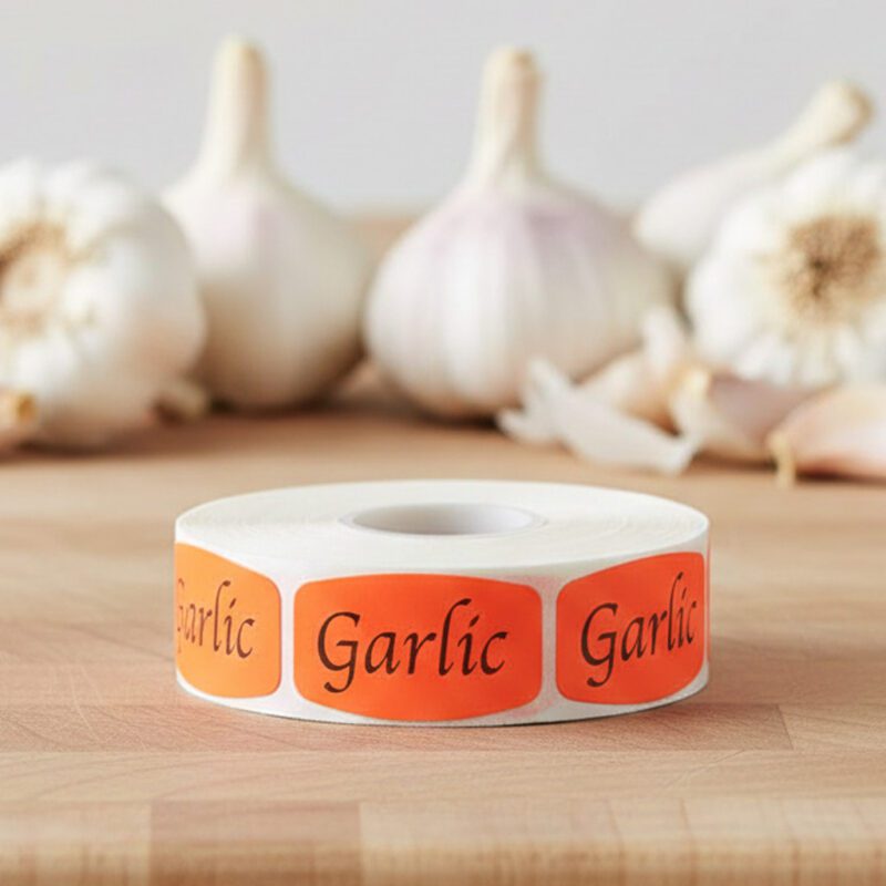 580009-Garlic-Label-Stickers-Red-Label garlic sticker on a red label with black print