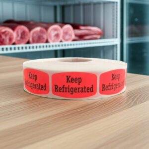 keep refrigerated sticker on a red label with black print