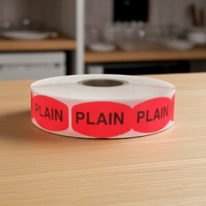 plain sticker on red label with black print