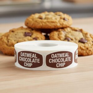 oatmeal chocolate chip cookie label in front of oatmeal cookies