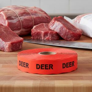 deer sticker on a red label with black print