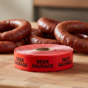 deer sausage sticker on a red label with black print