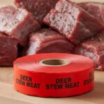 deer stew meat sticker on a red label with black print
