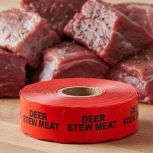 deer stew meat sticker on a red label with black print