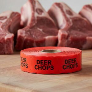 deer chops sticker on a red label with black print