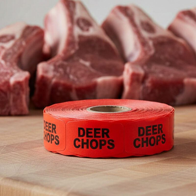 590915-Deer-Chops-Label deer chops sticker on a red label with black print