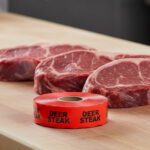 deer steak sticker on a red label with black print