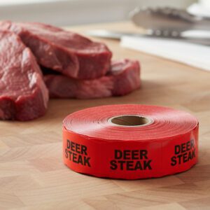 deer steak sticker on a red label with black print