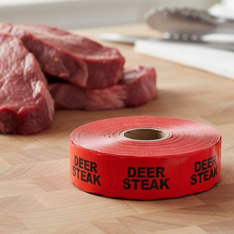 590916-Deer-Steak-Label2 deer steak sticker on a red label with black print