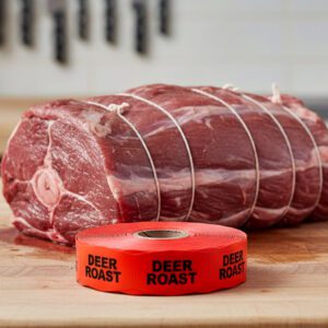 deer roast sticker on a red label with black print