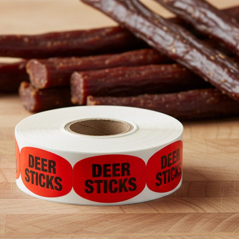deer sticks sticker on a red label with black print
