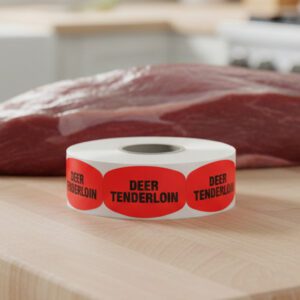 deer tenderloin sticker on a red label with black print