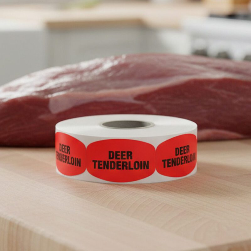 591036-Deer-Tenderloin-Label deer tenderloin sticker on a red label with black print