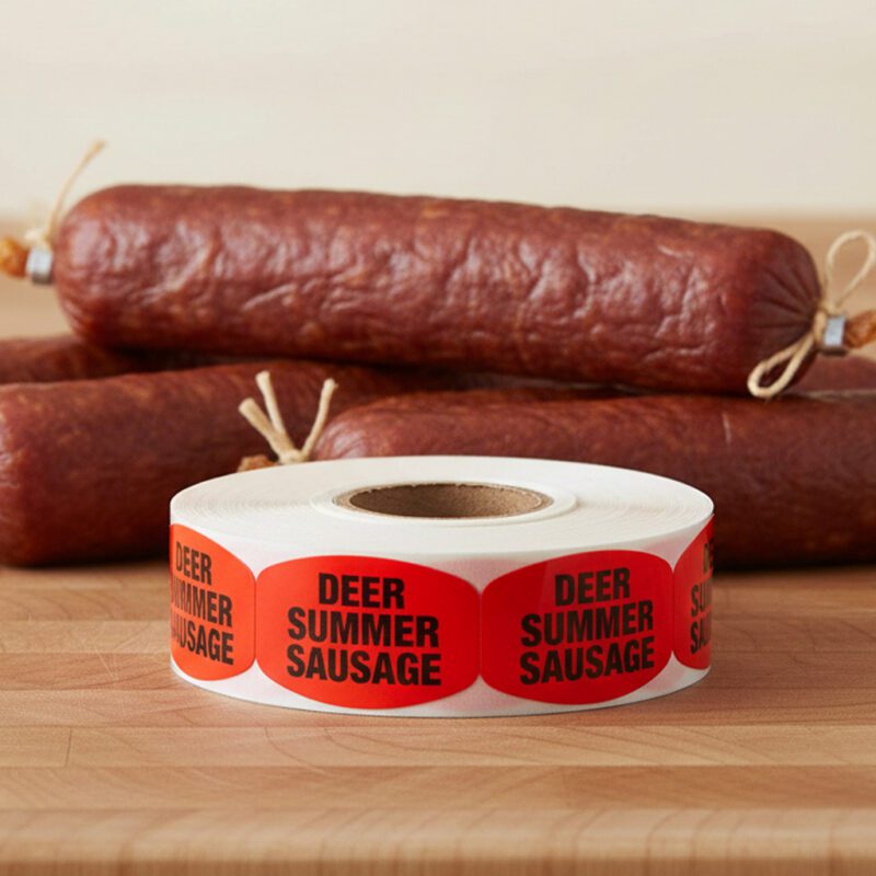 591038-Deer-Summer-Sausage-Label deer summer sausage sticker on a red label with black print