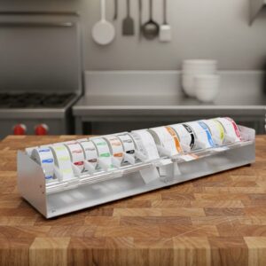 aluminum label dispenser shown on table with several rolls of labels on its spindles