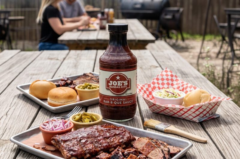 Joe's Kansas City BBQ sauce sitting on a picnic table next to BBQ meats